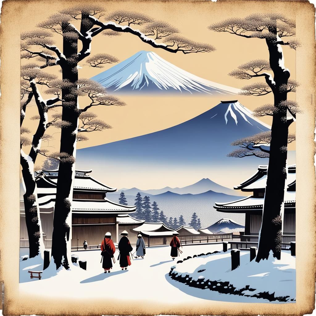 Japanese Village at Mount Fuji in Winter