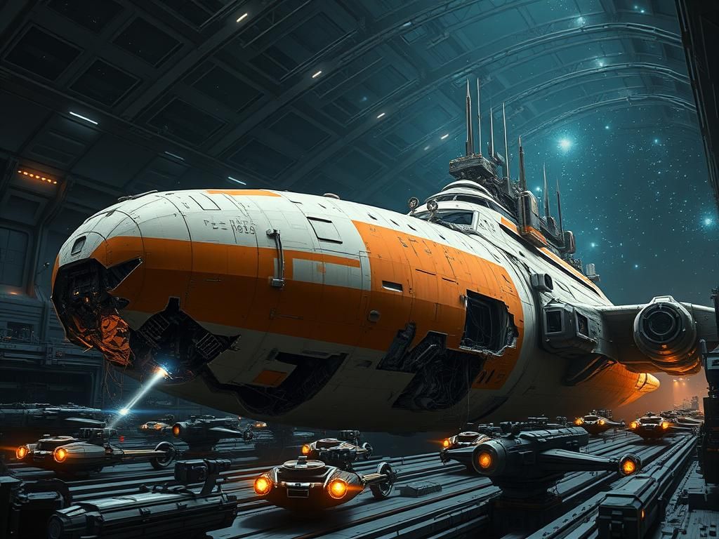 Retro-Futuristic Spaceship Repair in Gritty Sci-Fi Style