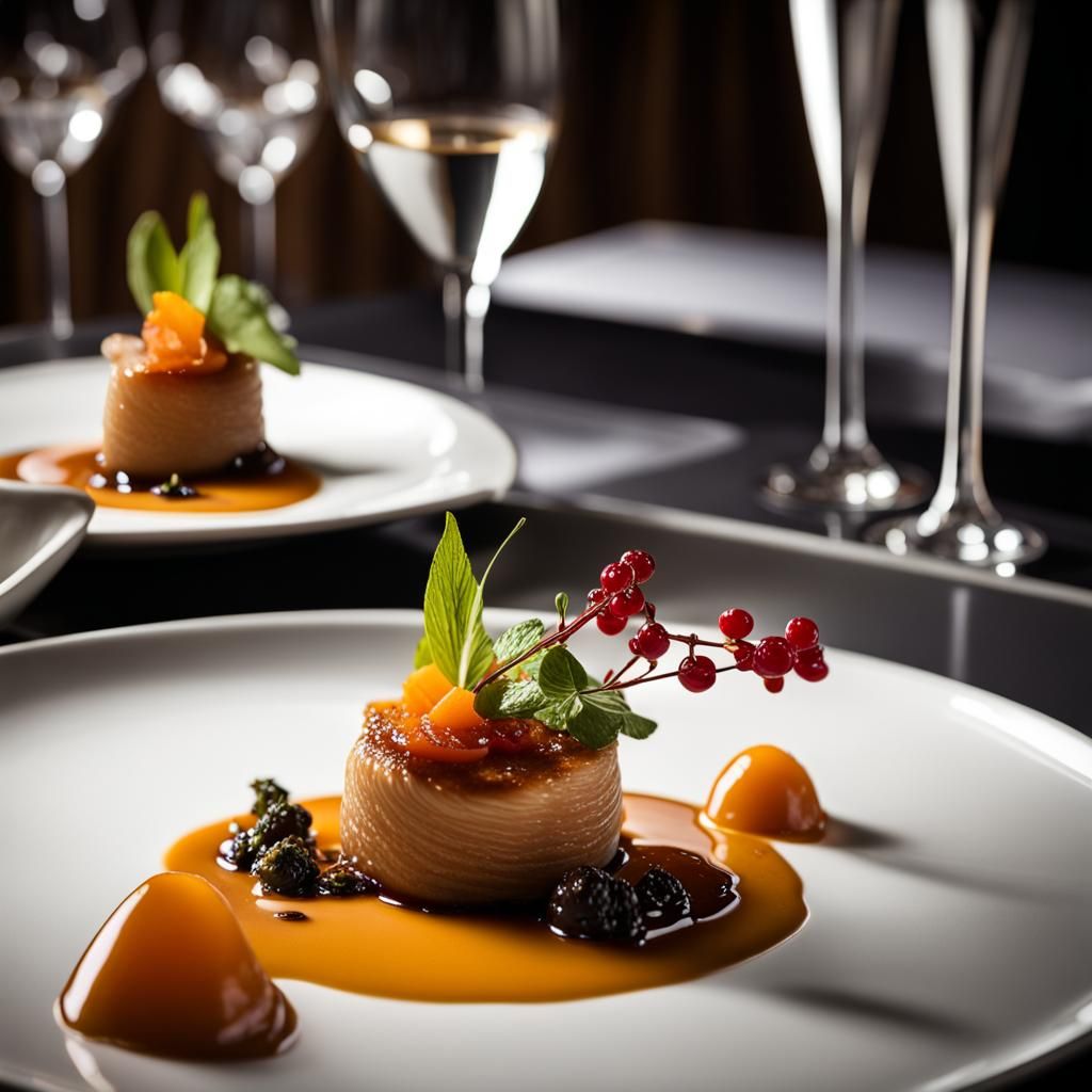 Capture a close-up shot of delicious food,, exuding tempting allure, at 3 Stars MICHELIN restaurant. gourmet scene, clea...