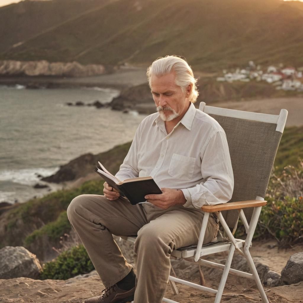 Big Sur, 59 year old man, white hair, sitting on a folding c...