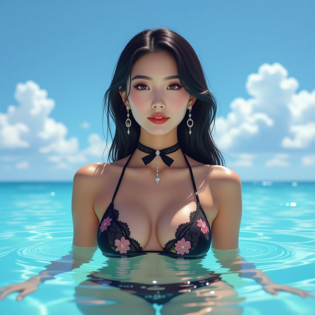 East Asian Woman in Pool, Ultra-Realistic Digital Art