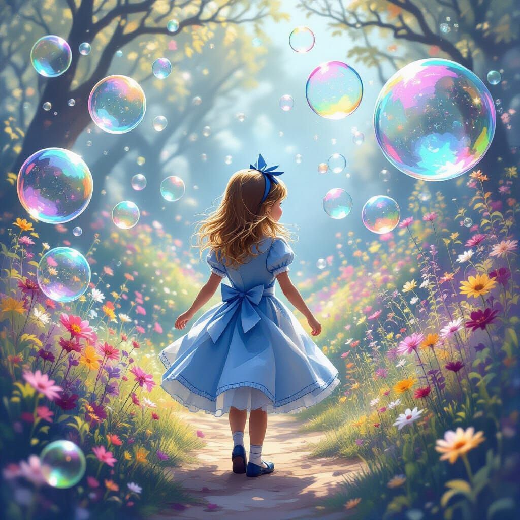 Girl in Wonderland Surrounded by Shimmering Bubbles