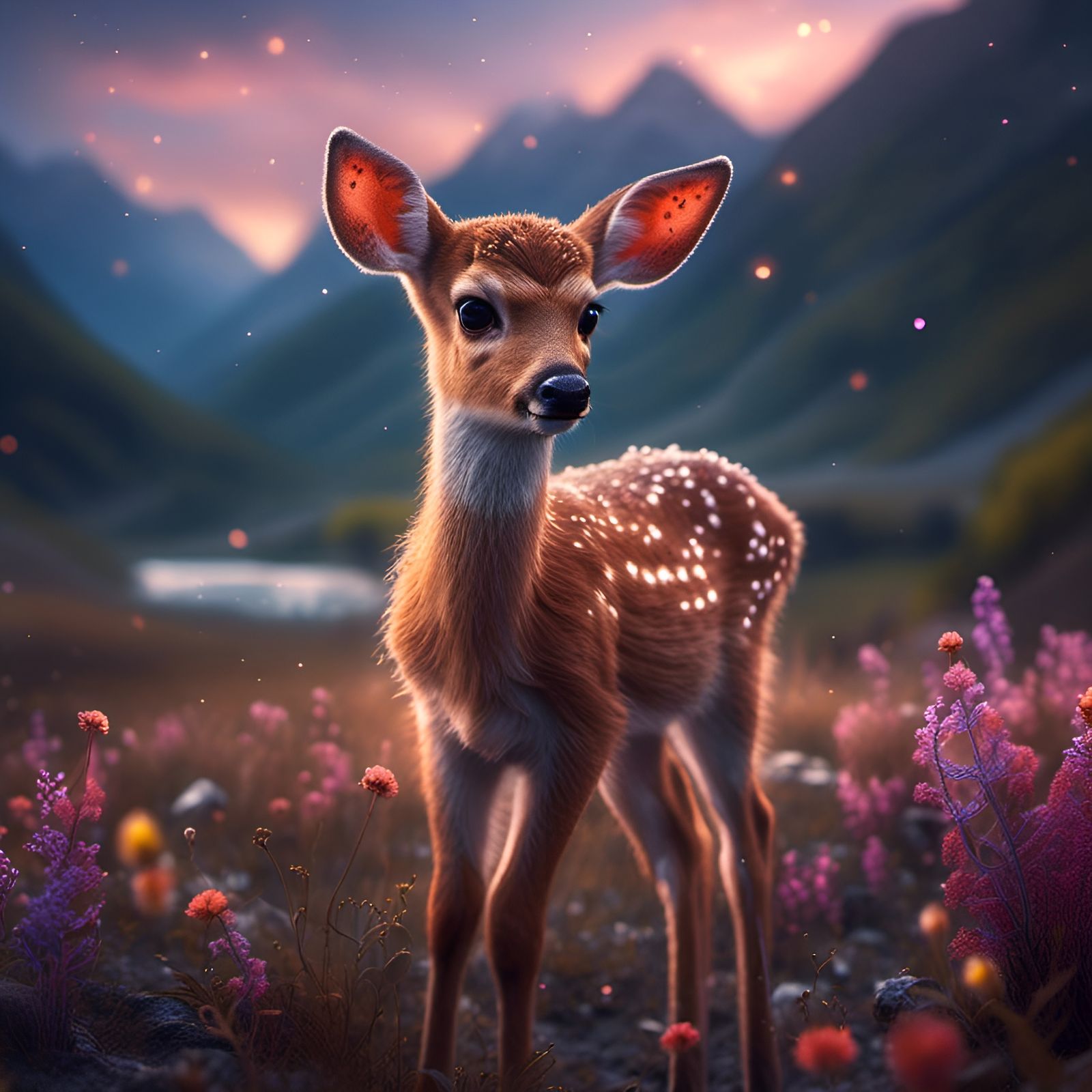 Adorable Fawn in Moonlight Field: 3D Render