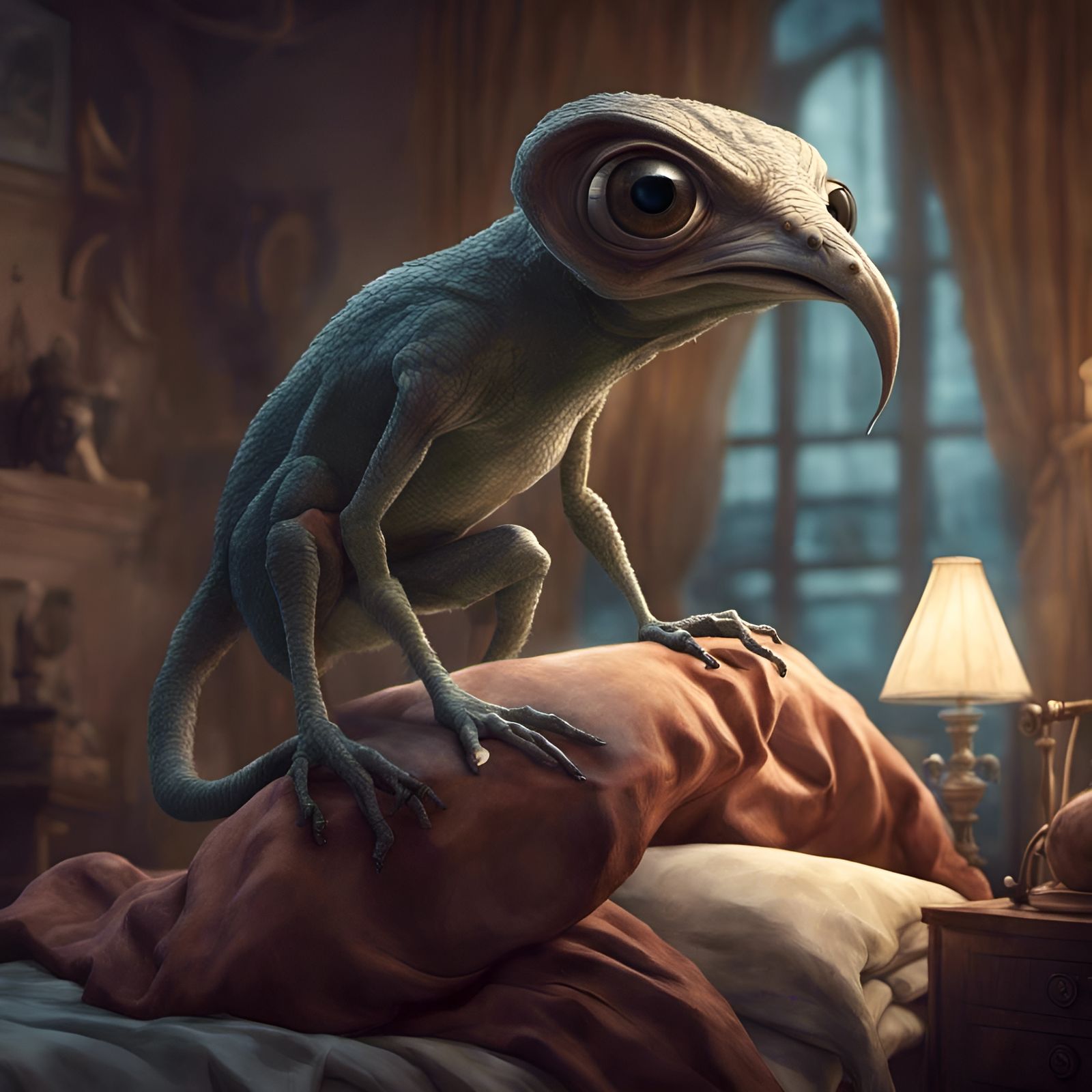 Alien Bird on Bed, Pop Surrealism Style