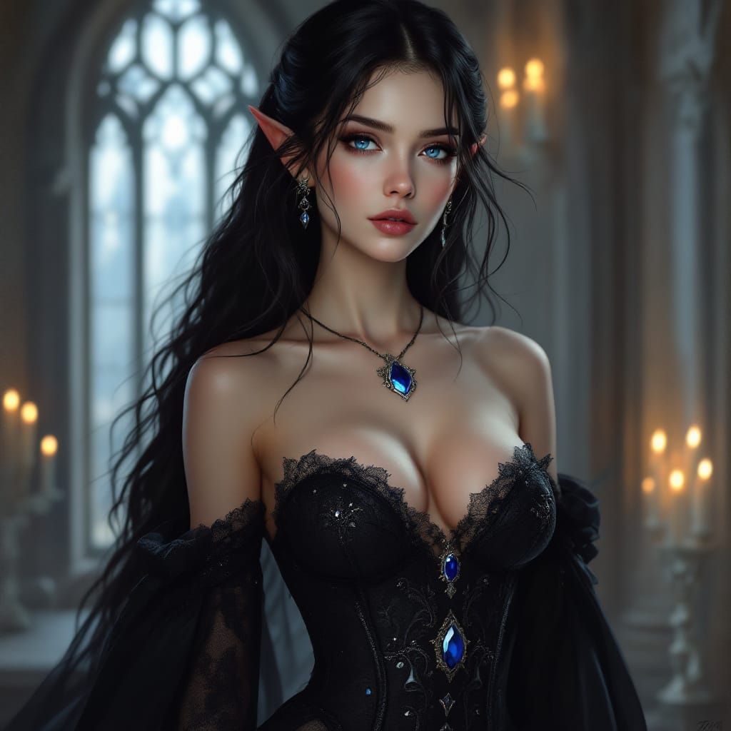 Aristocratic Half-Elf Woman in Gothic Fantasy Art