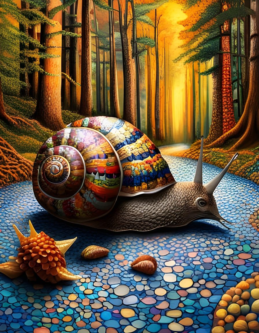 Mosaic Snail's Forest Journey in Klimt-Inspired Style