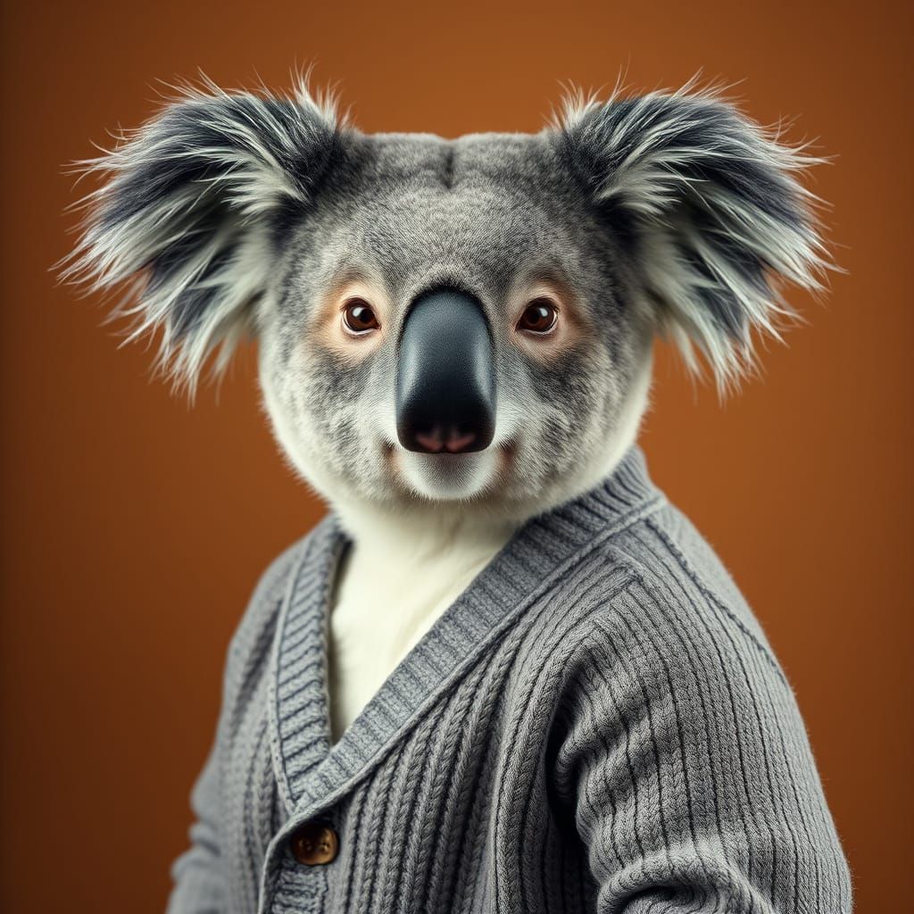 Resolute Koala Portrait in Dark Gray and White