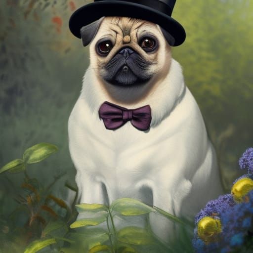 Sophisticated Pug Portrait in Garden, Hyperdetailed Art