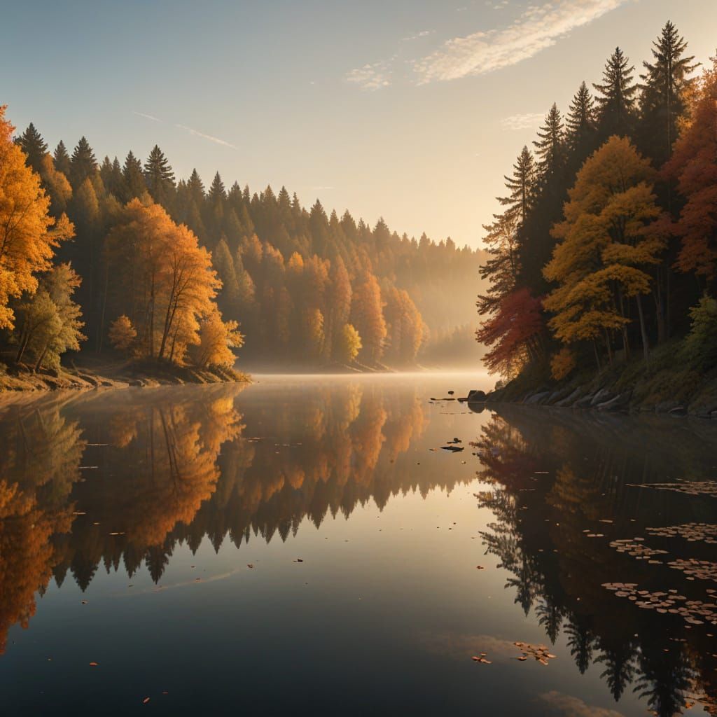 Serene Autumn Lake Landscape in Photorealistic Style
