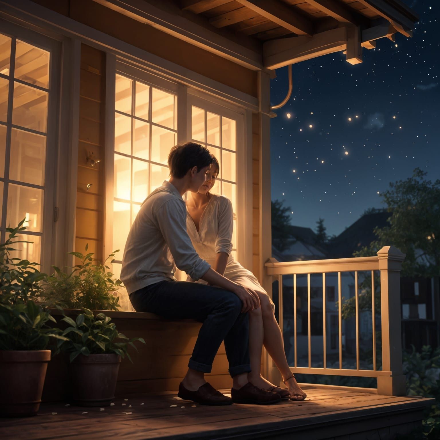 Couple Embraced Under Starry Night Sky with Fireflies