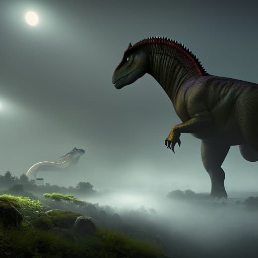 Atmospheric Dinosaur Concept Art in Heavy Fog