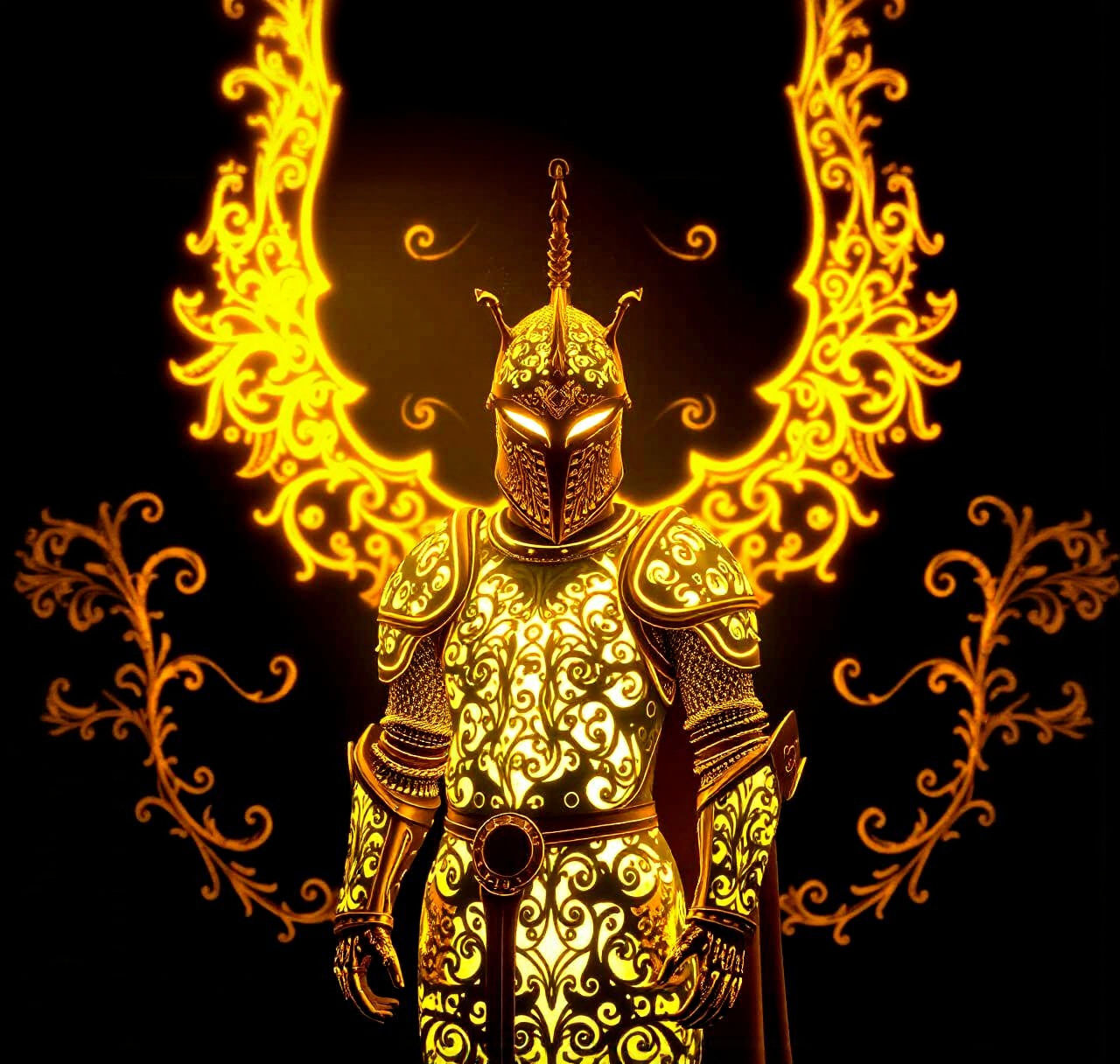 Ethereal Bioluminescent Knight with Golden Filigree