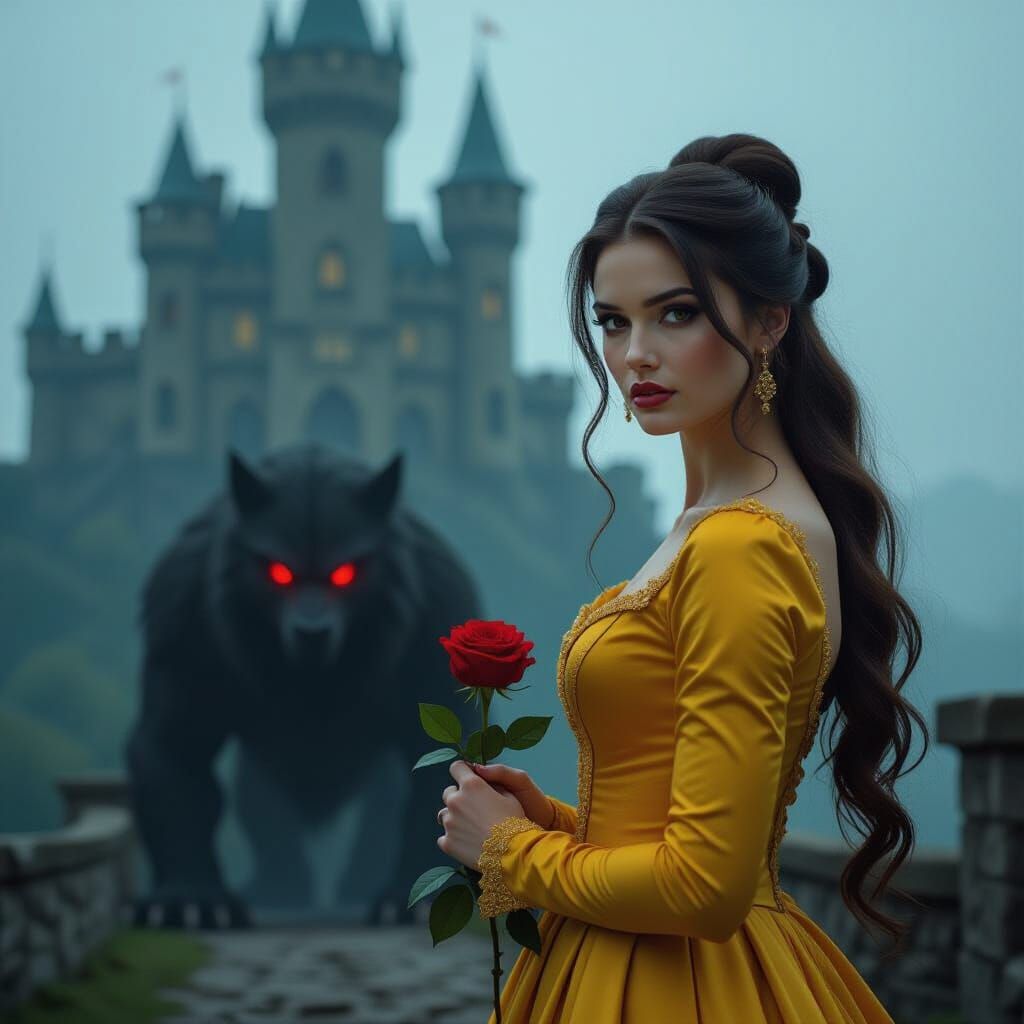 Elegant Woman and Shadowy Beast Before Ancient Castle