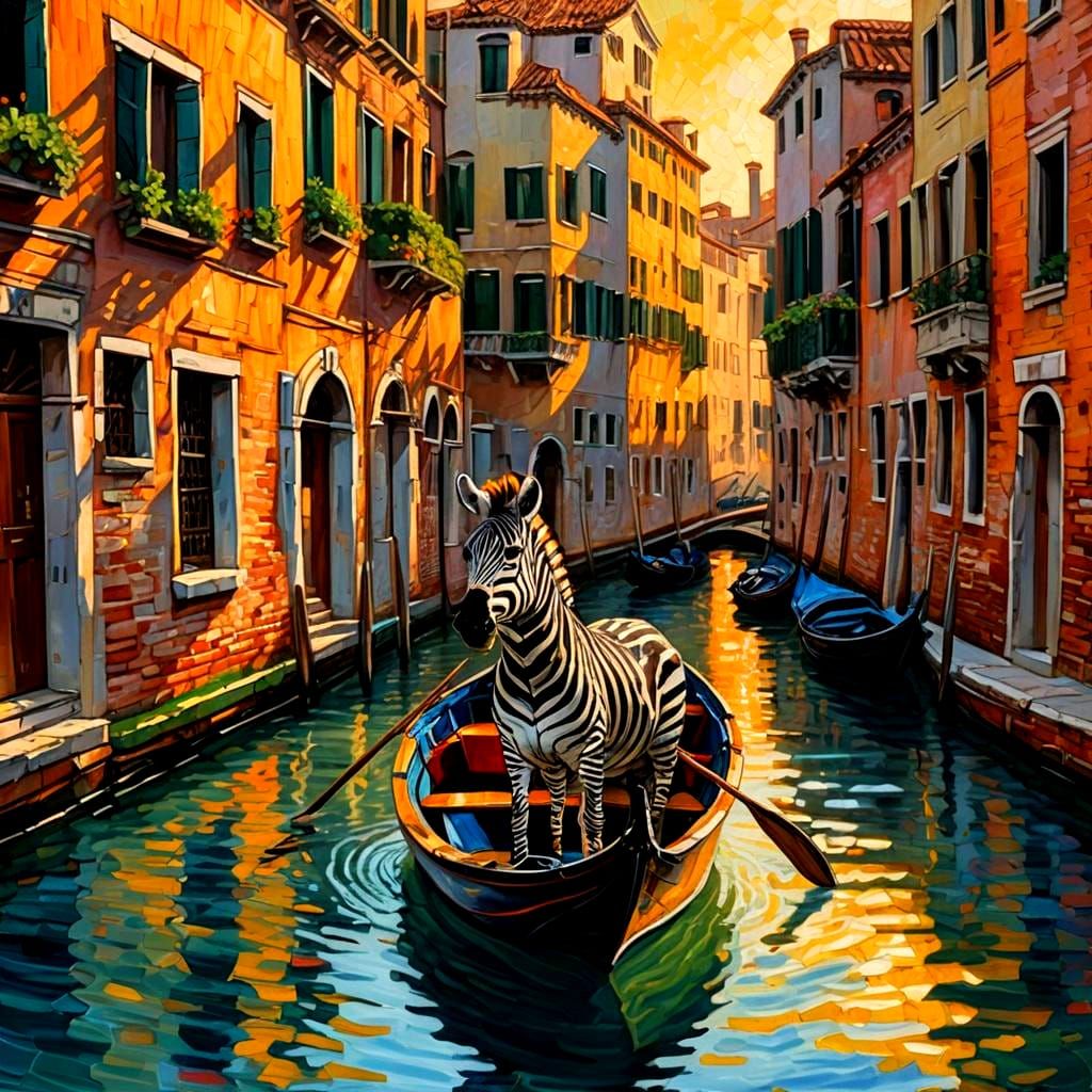 Zebra in Venice: Neo-Impressionist Oil Painting