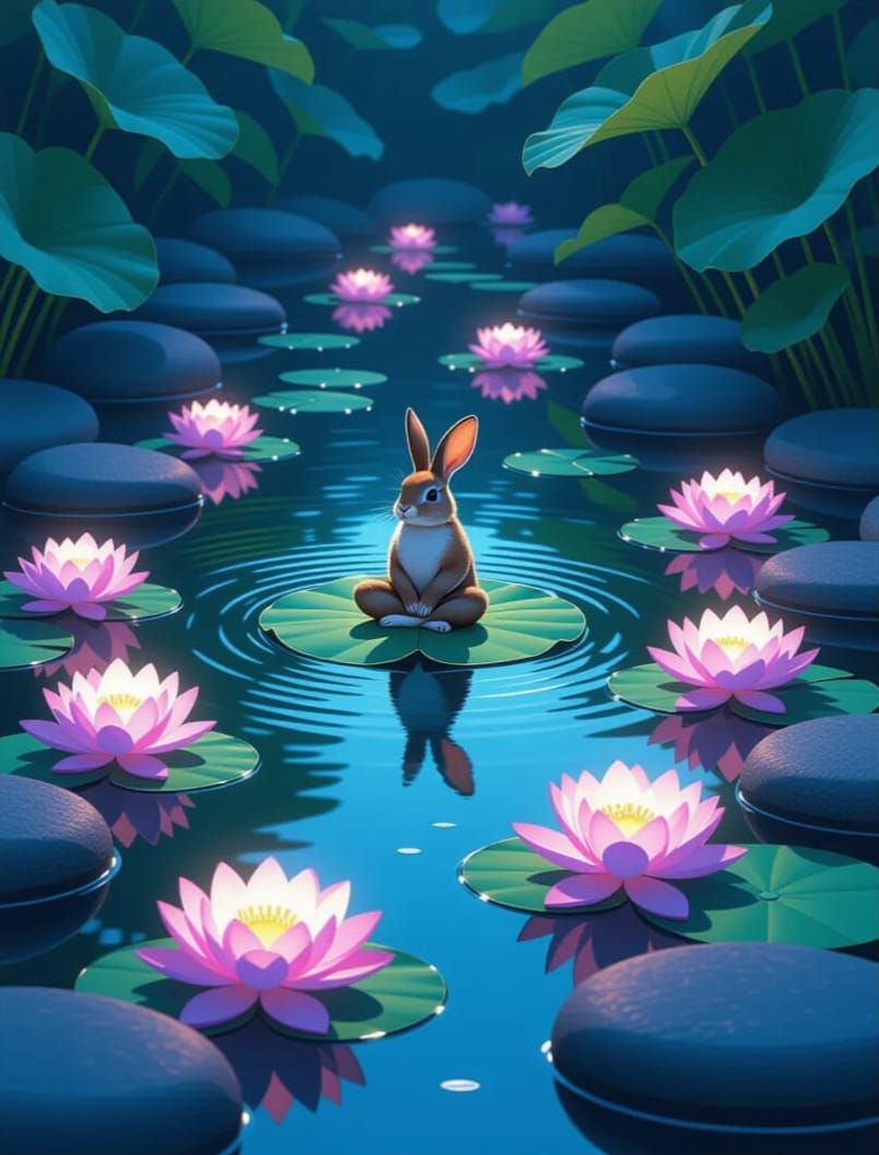 Serene Rabbit Meditates in Bioluminescent Lotus Oasis