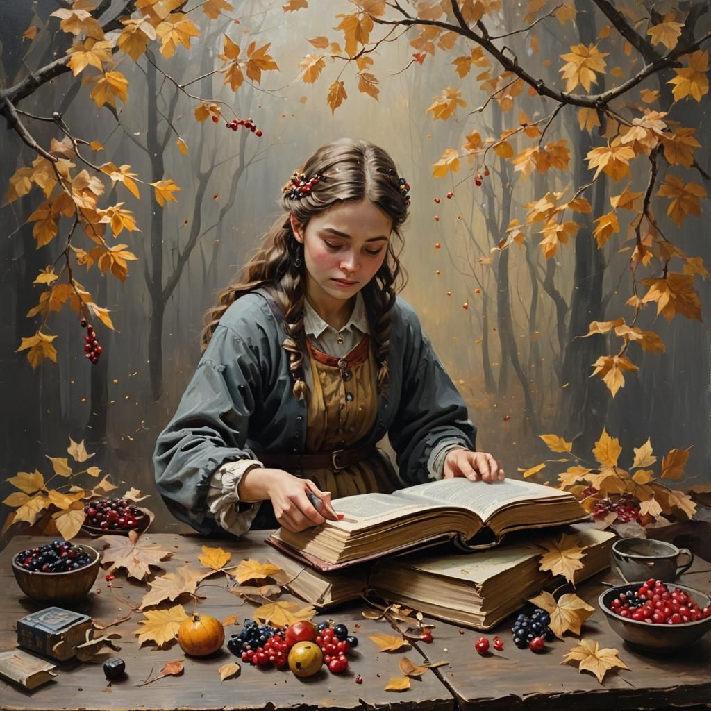 Old Book with Autumn and Girl, Oil Painting
