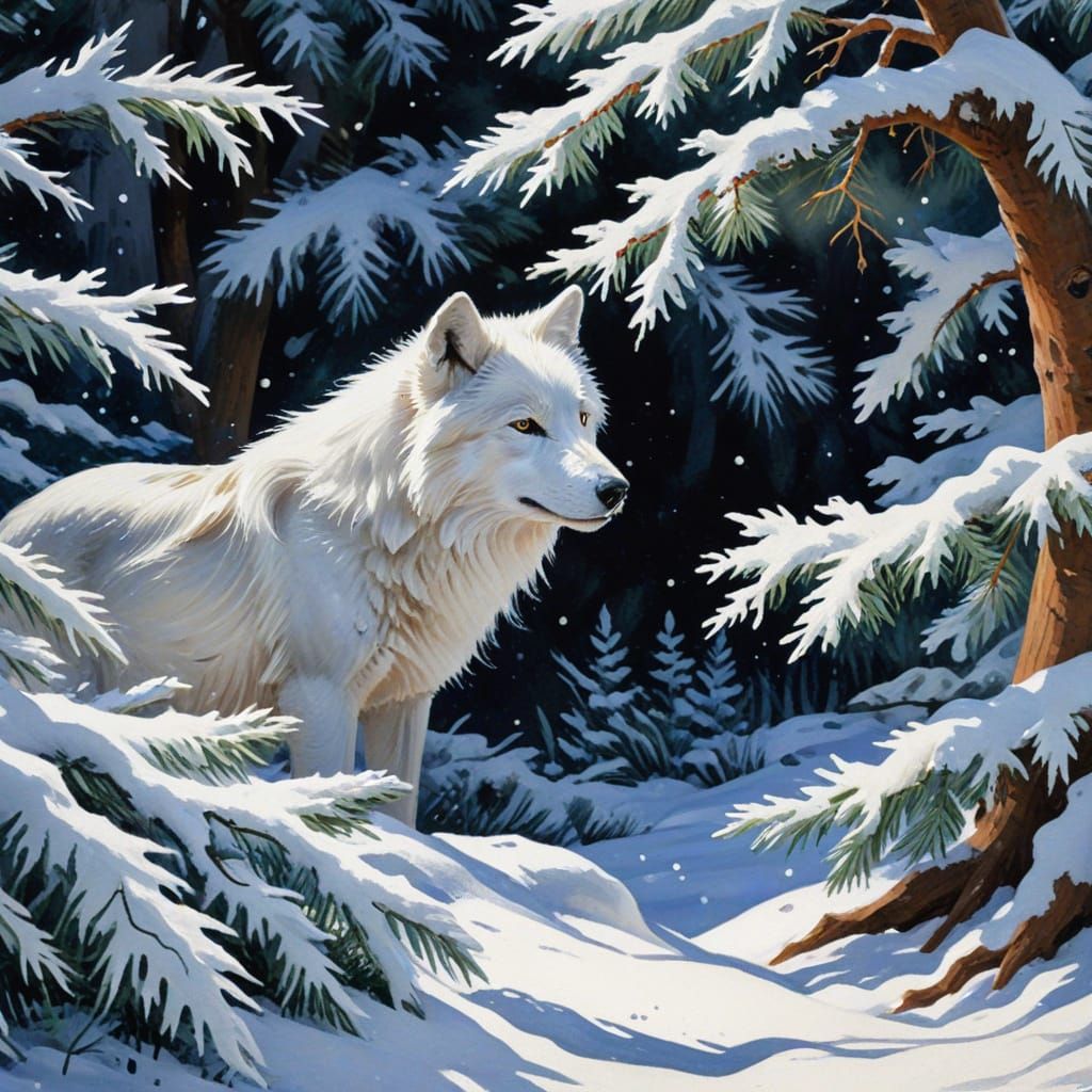 Watercolor Winter Scene with White Wolf in Gouache Style