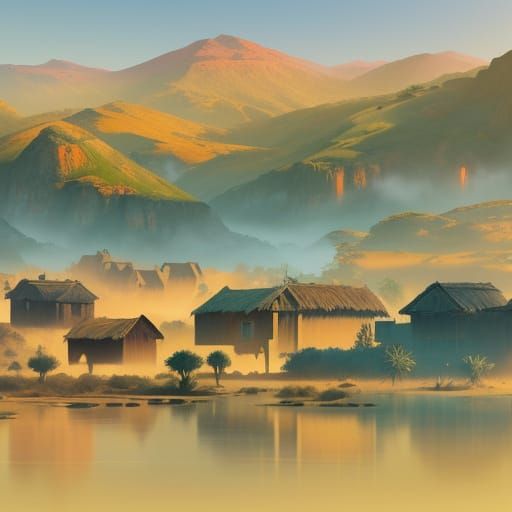 African Village Concept Art in Digital Painting Style