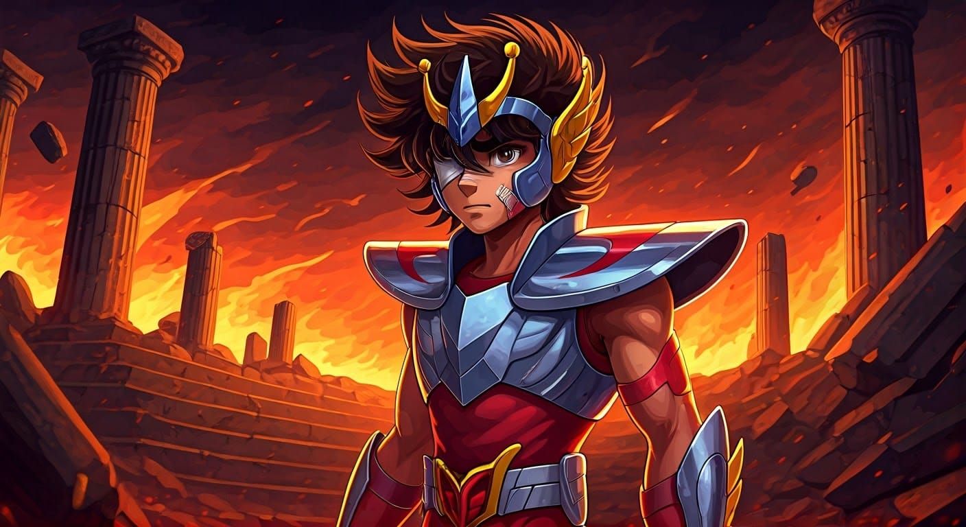 Pegasus Seiya in Fiery Anime Battle Scene