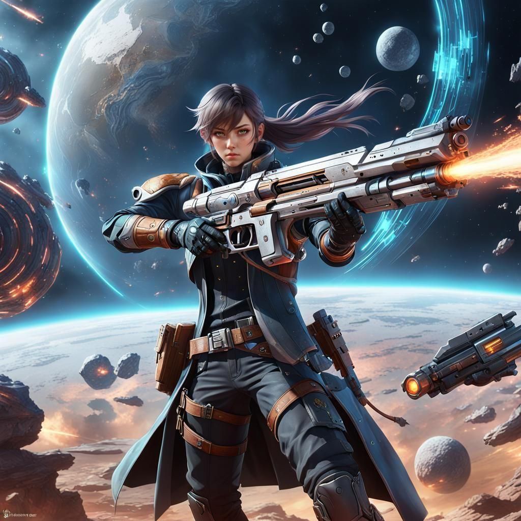 Sci-Fi Gunslinger in Space Battle: 3D Anime Art