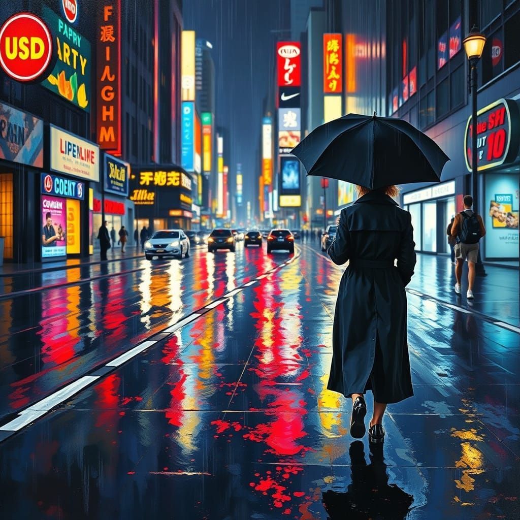 Figure in Black Trench Coat Walks Through Rainy City Night