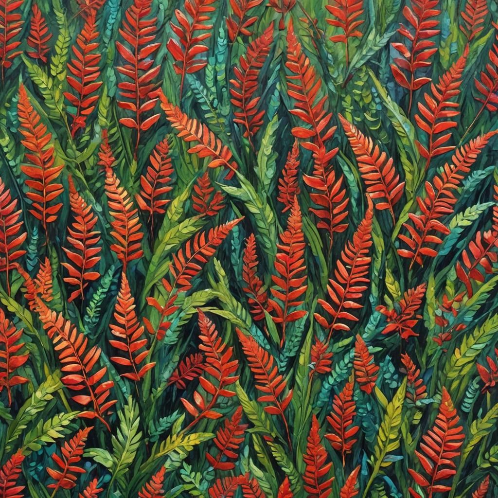 Red Ferns: Neo-Impressionist Expressionist Oil Painting