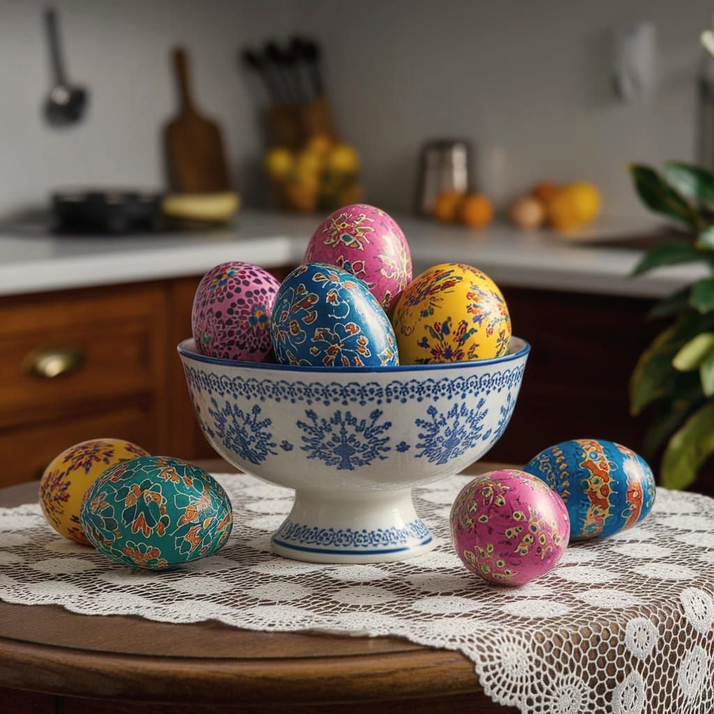 Exquisite Pysanka Easter Eggs in Delft Bowl
