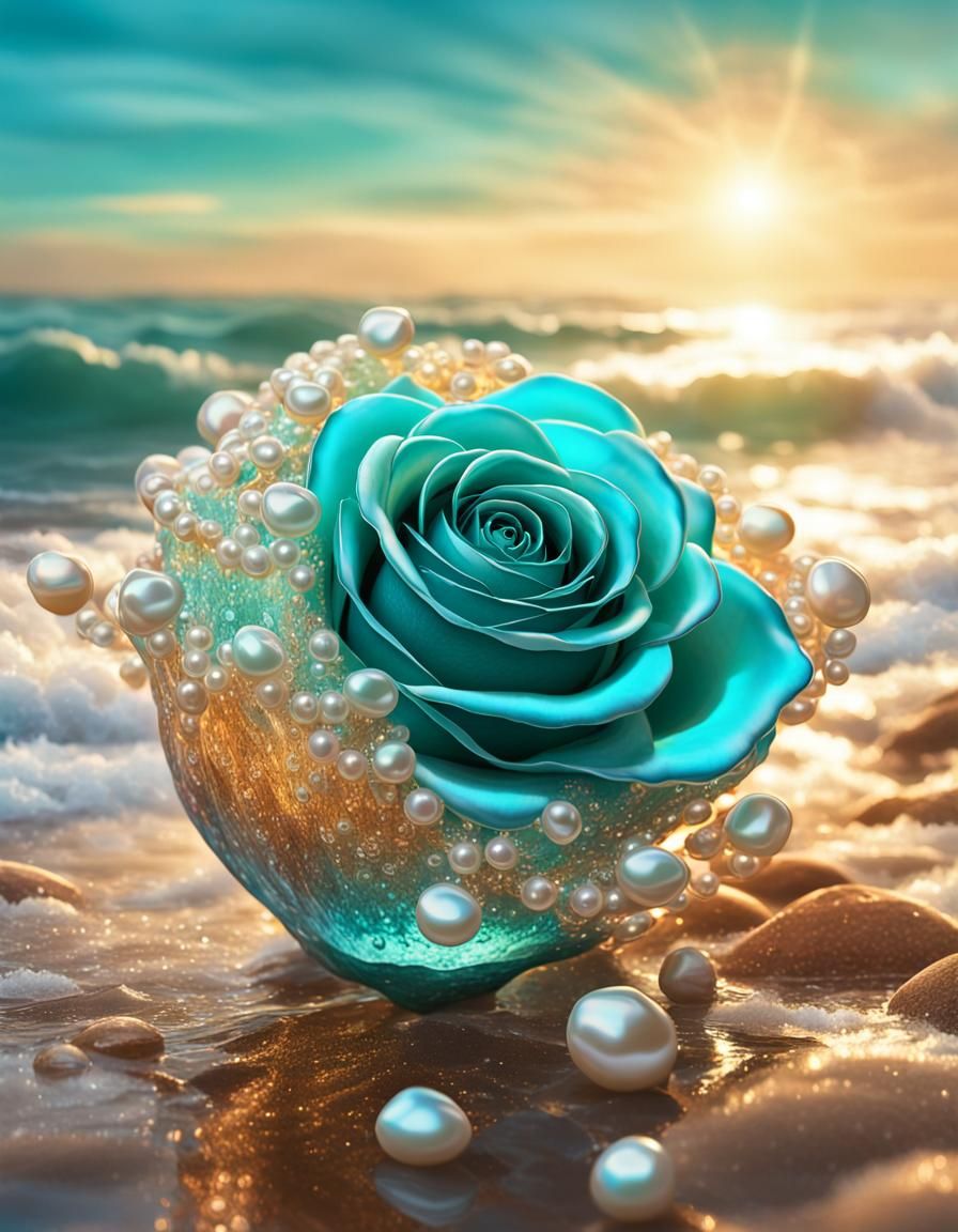 Turquoise Rose Wave with Pearls in Shell Vase
