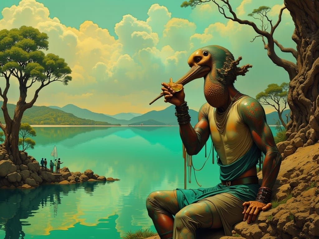 Cyberpunk Dystopian Sheriff Pelican in Tropical Island Scene