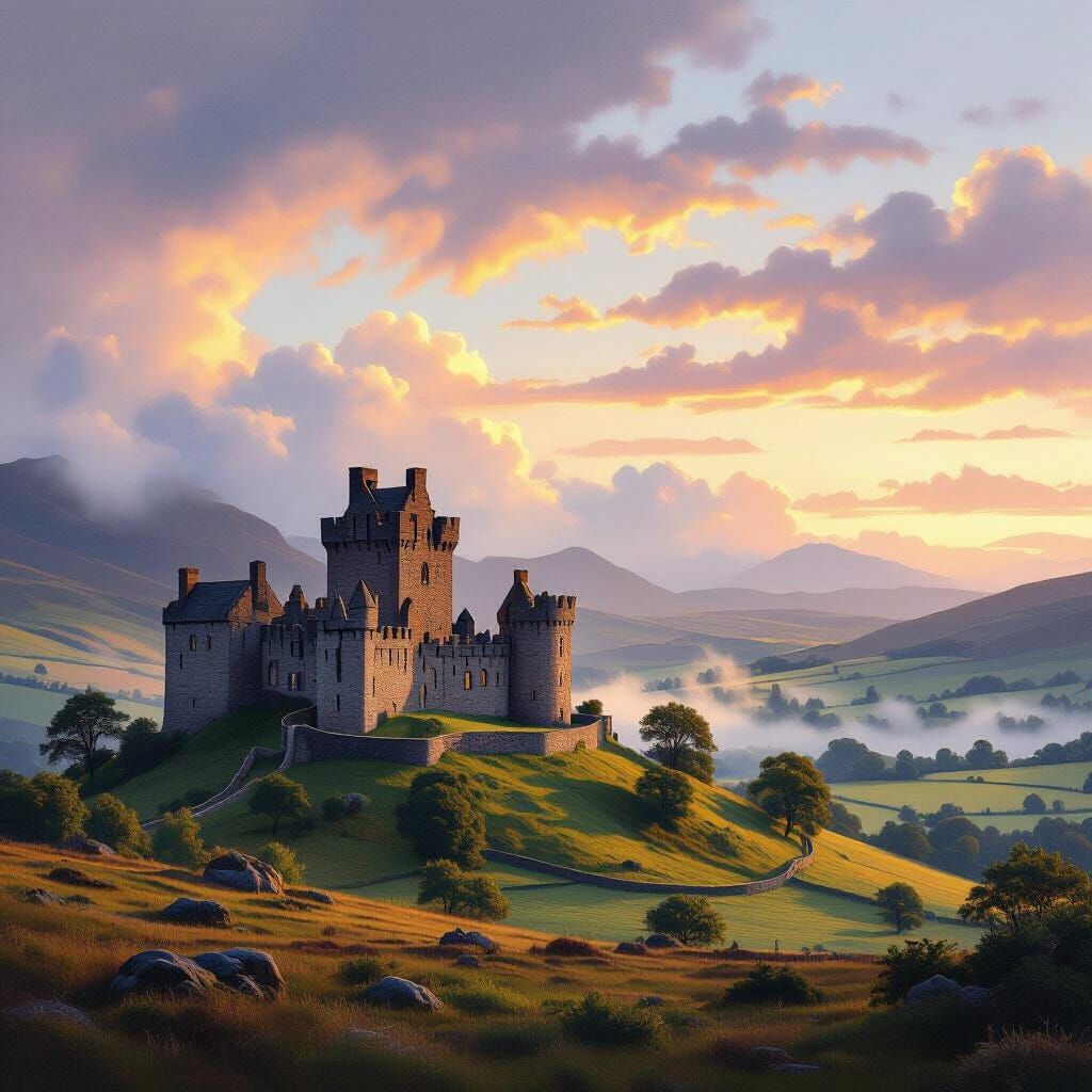Romantic Scottish Castle at Golden Hour Oil Painting