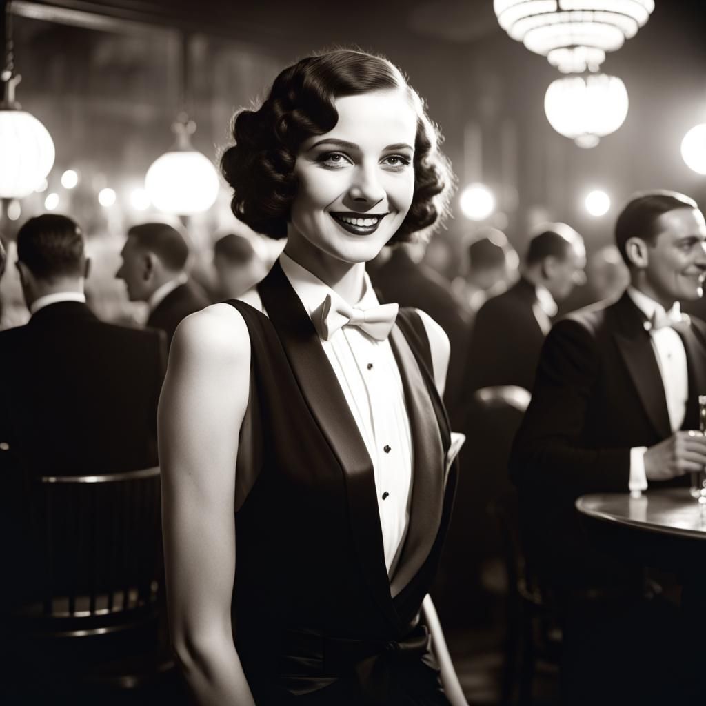 Smiling Woman in Tuxedo at 1920s Berlin Nightclub