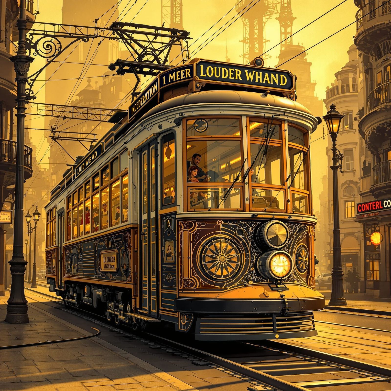 Vintage Tram in Golden Cityscape Art