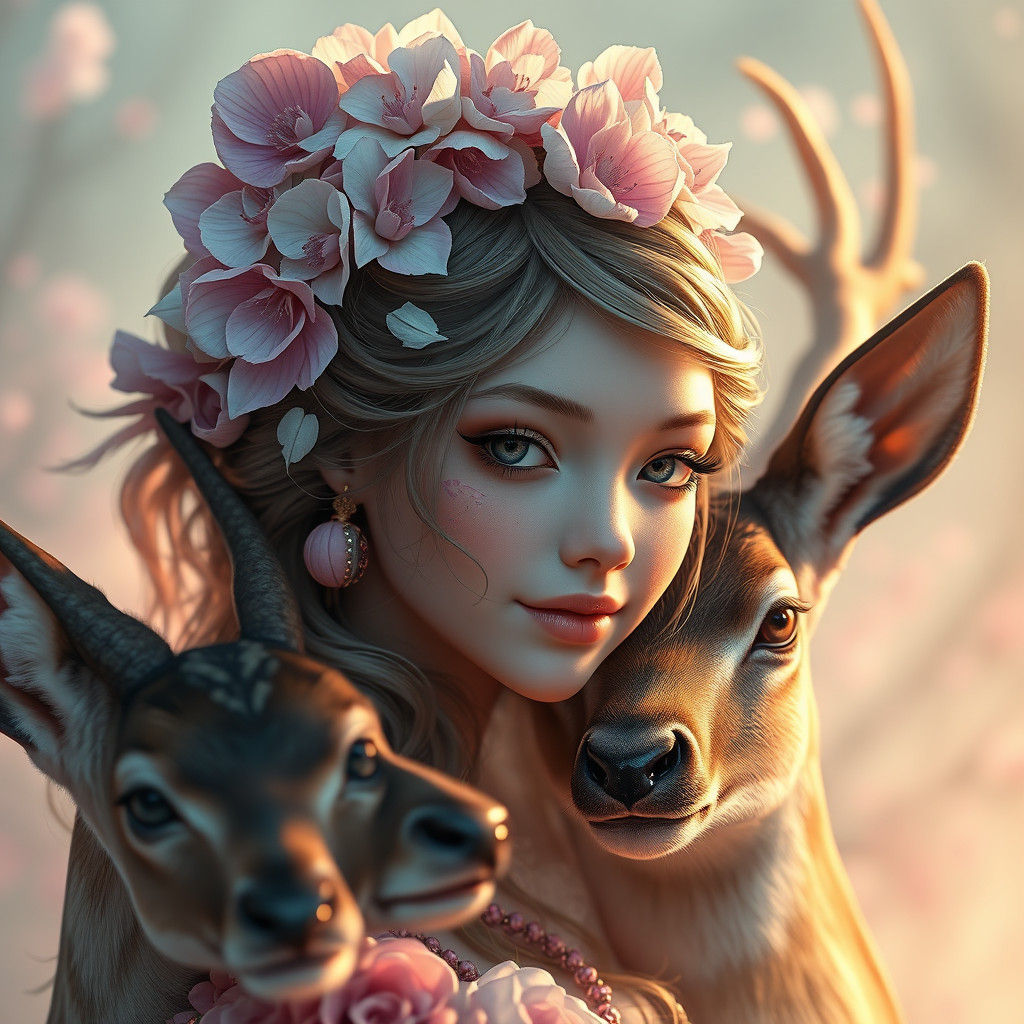 Fantasy Flower Girl and Deer Portrait in Digital Art