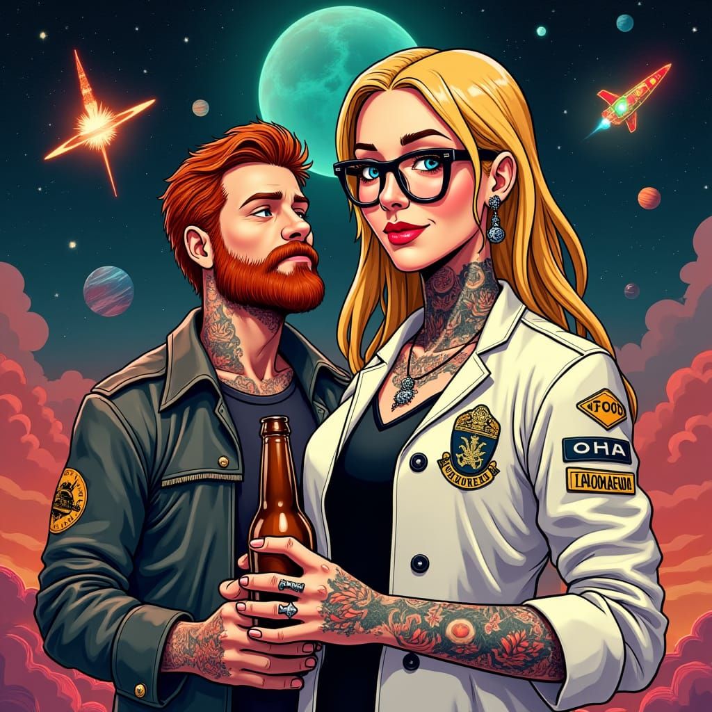 Cosmic Punk Wedding: Tattooed Chef and Redhead in Space