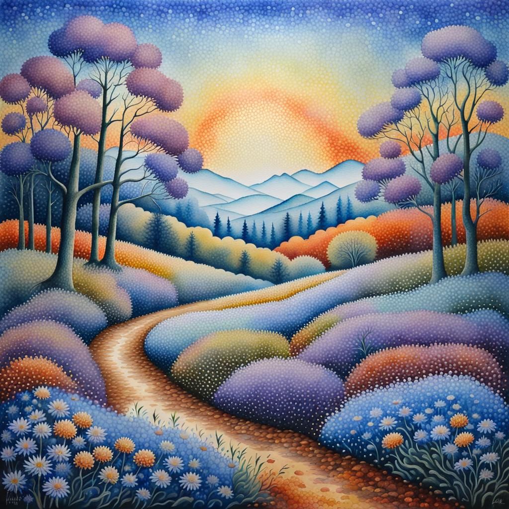 Ethereal Autumn Landscape with Blue Asters, Pointillist Aqua...