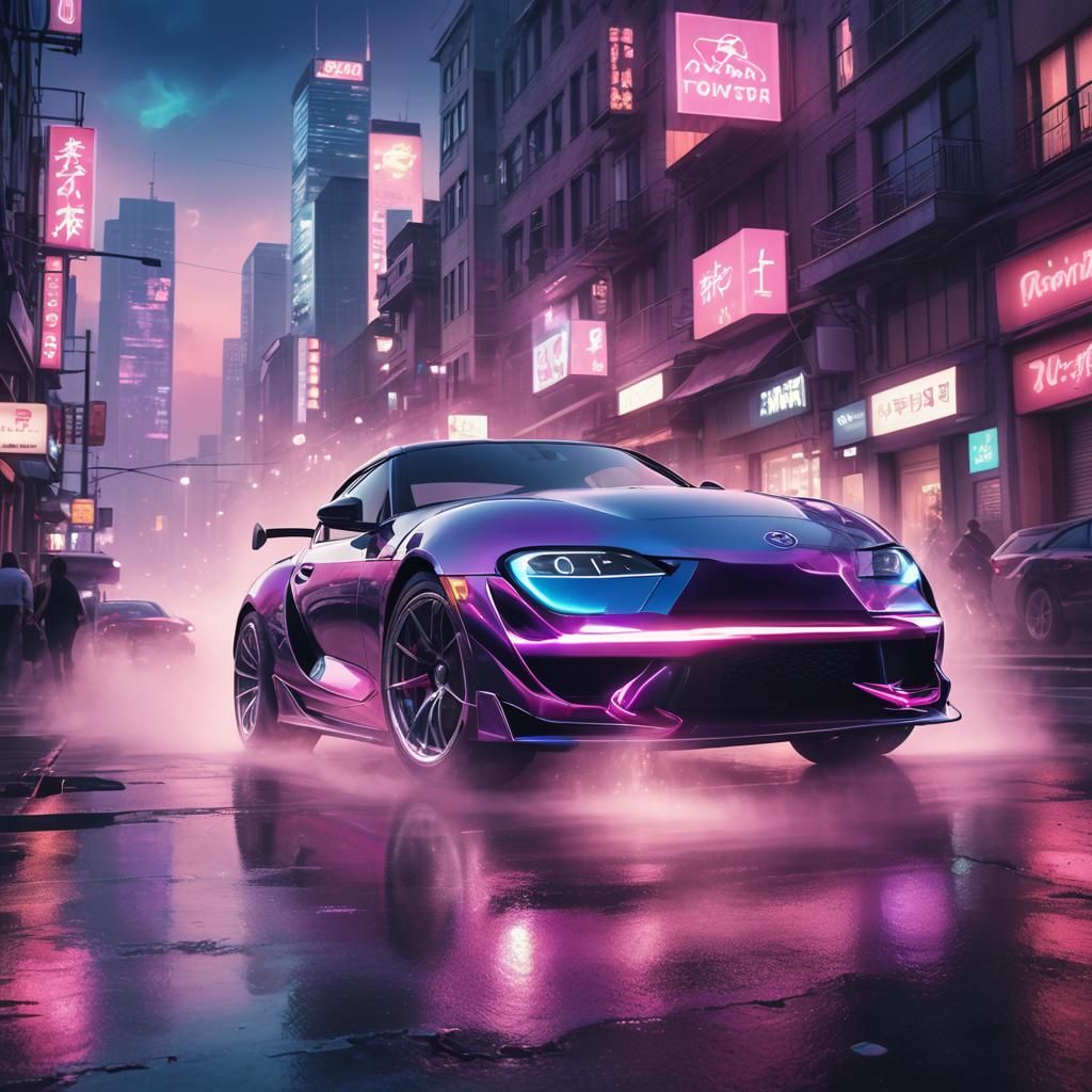 Chrome Toyota Supra in Dreamlike Cyberpunk Cityscape