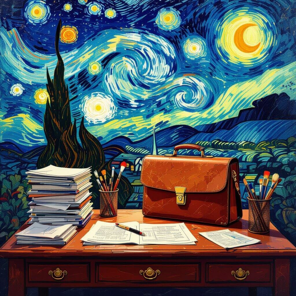 Desk with Glowing Briefcase in Psychedelic Renaissance Style