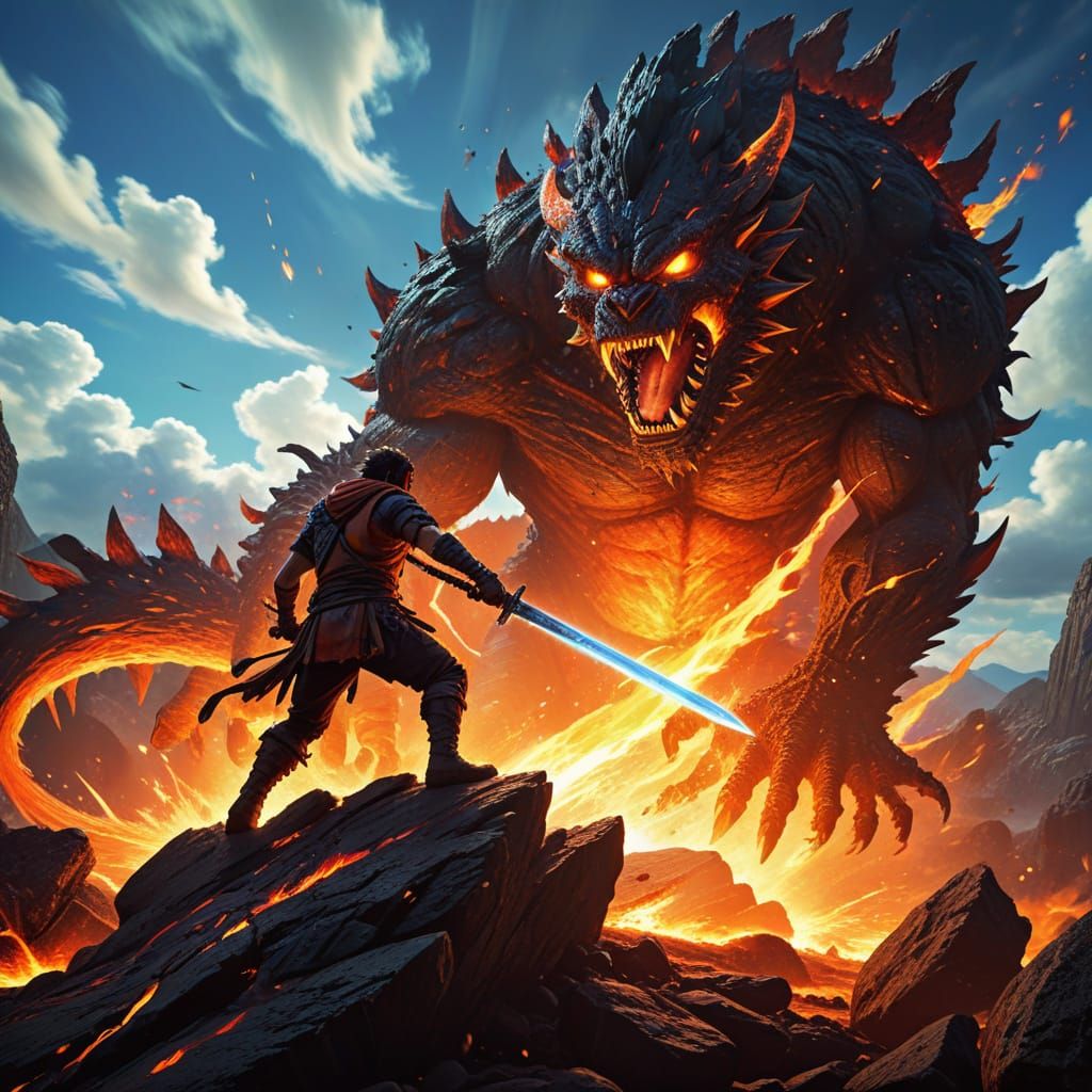 Anime Hero Rides Rock Towards Monster in Fiery Battle