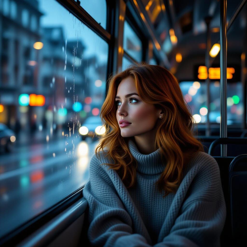 Woman Gazes at Rainy Cityscape from Bus Window