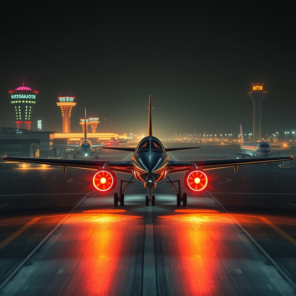 Sleek Silver Aircraft Blazes Down Runway Under Neon City Sky...