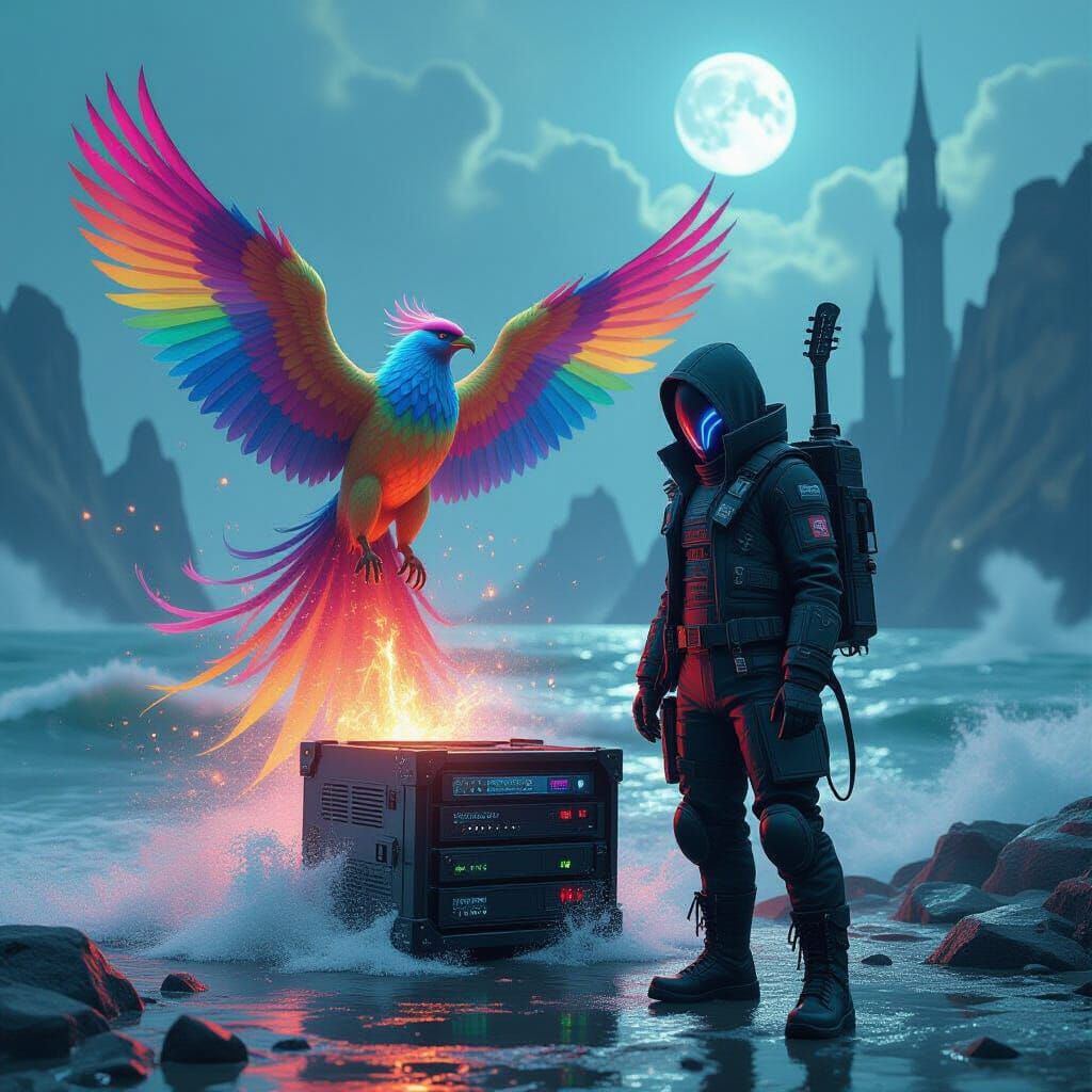 Cyberpunk Figure and Rainbow Phoenix Hybrid