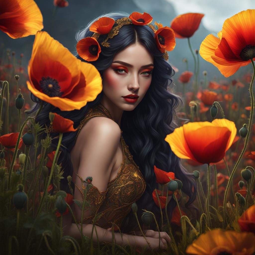 Delicate Fairy with Poppies in Niji Style