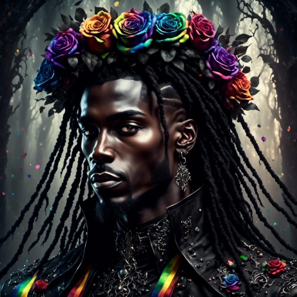 Goth Man with Rainbow Rose Crown