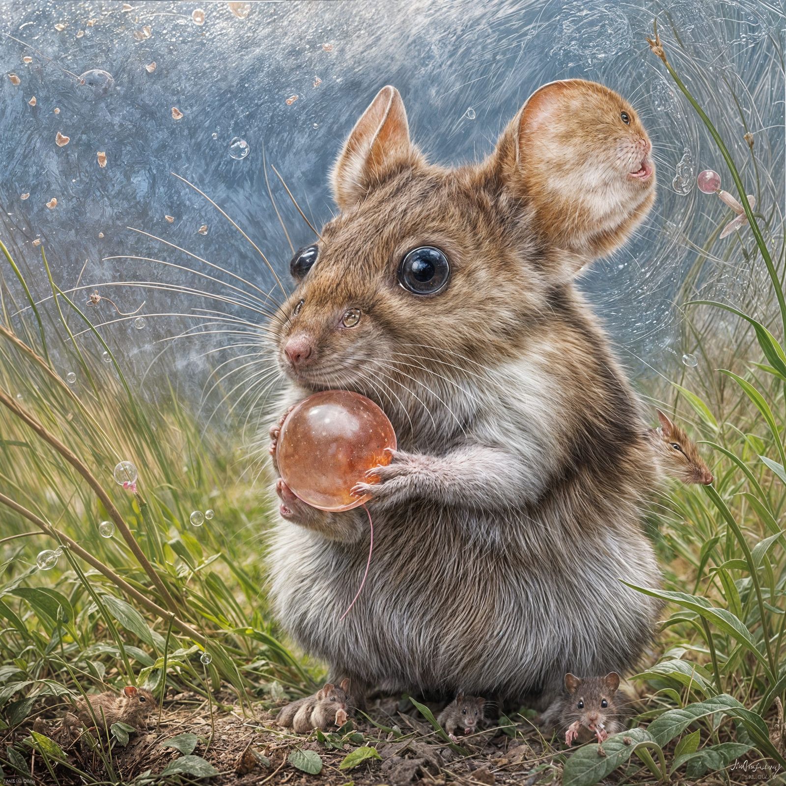 Whimsical Field Mouse Blows Pink Bubble in Oil Painting