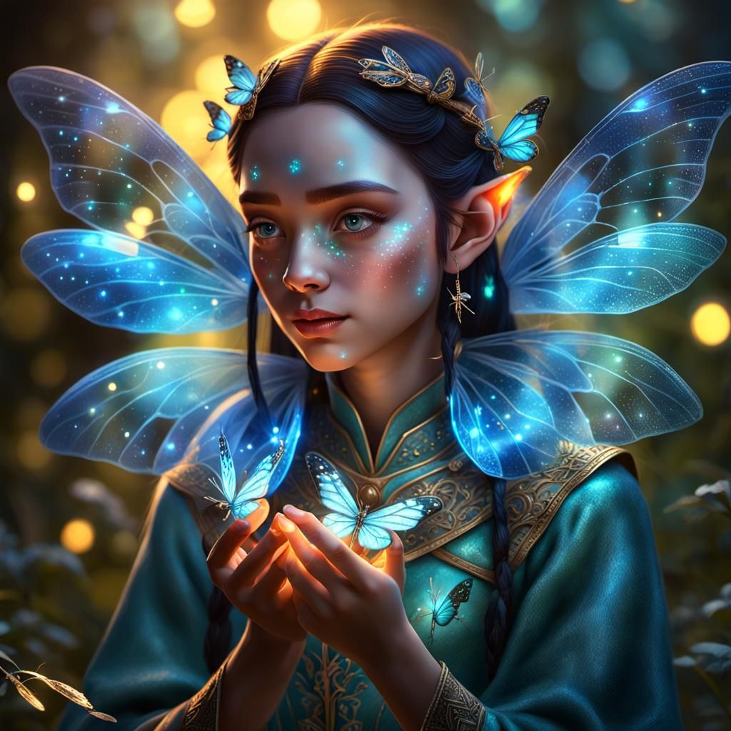 Fairy Queen with Glowing Butterflies, Hyperrealistic Art