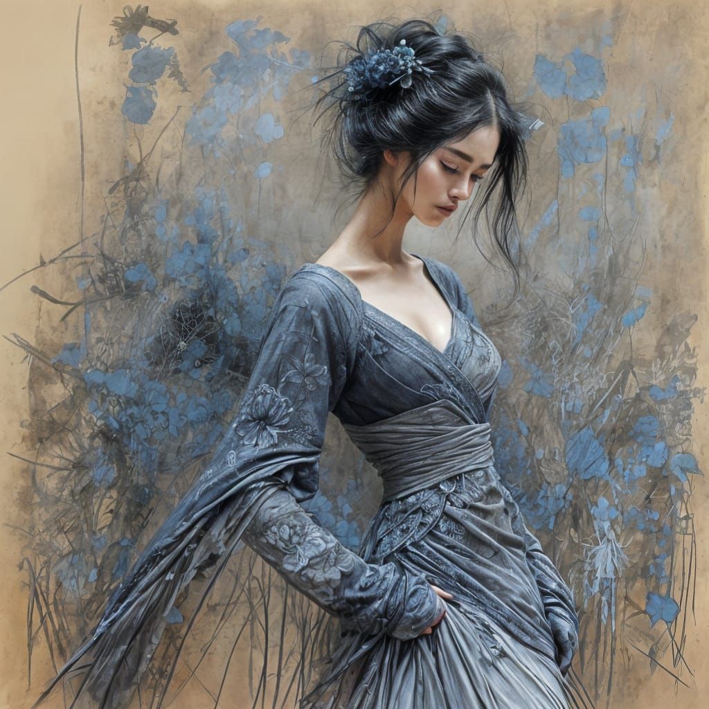 Geisha in Blue: An Impasto Style Portrait