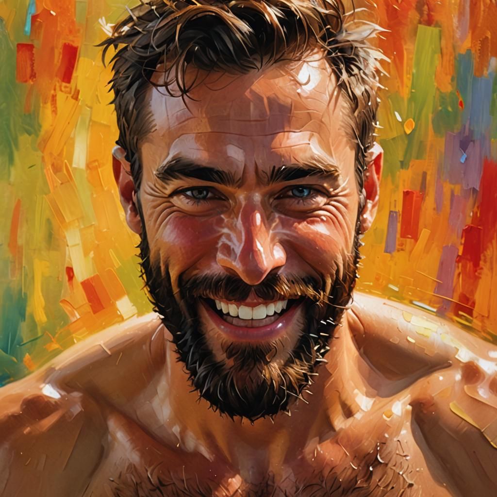 Joyful Bearded Man Portrait in Expressionist Style