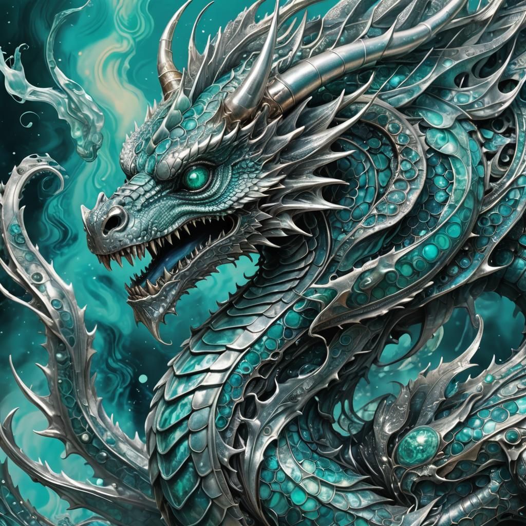 Otherworldly Alcohol Ink Turquoise Blue Silver Dragon