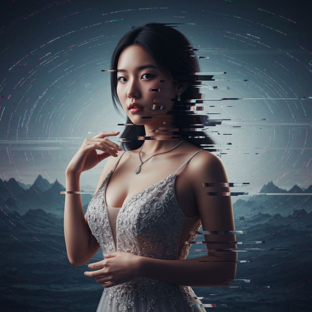 Distorted Portrait of Asian Woman in Glitch Art Style