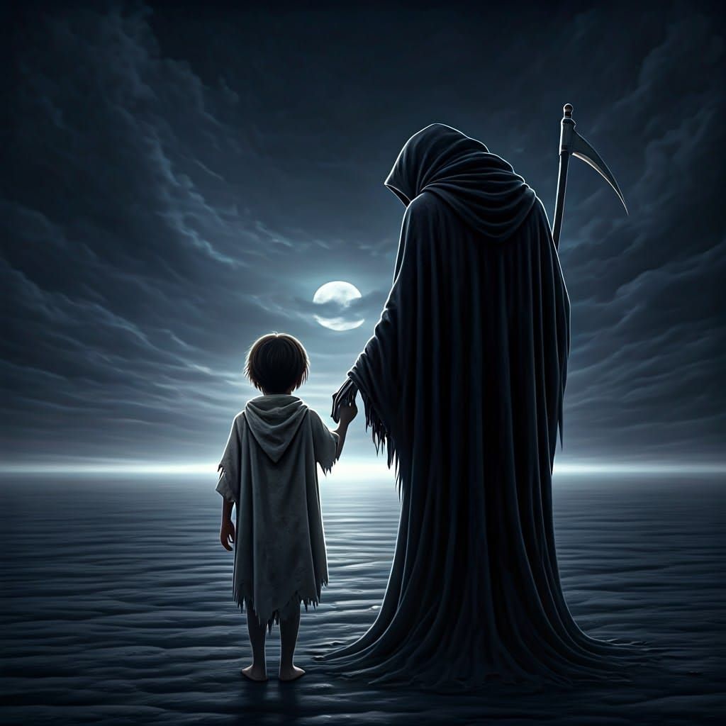 silhouette of a grim reaper holding the hand of a small child, full of sadness, sharp focus, 16k resolution photorealist...